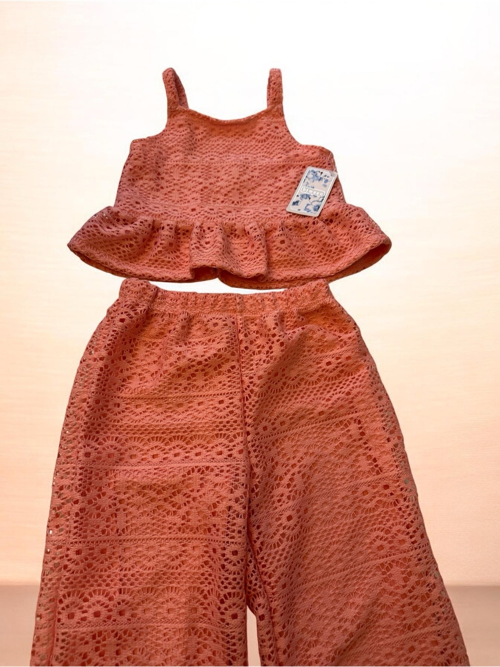 btween Rust Crochet Peplum Top & Wide-Leg Skirt Set